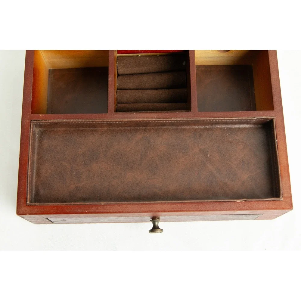 Vintage Wood Valet Box Jewelry Organizer Charging Station Brown Faux Leather